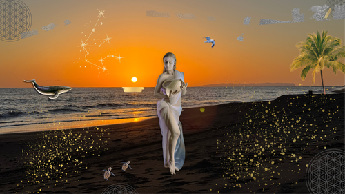 Dawn of Aquarius, Starting with a photograph I took of a sunrise on Kauai, added other elements from Canva.